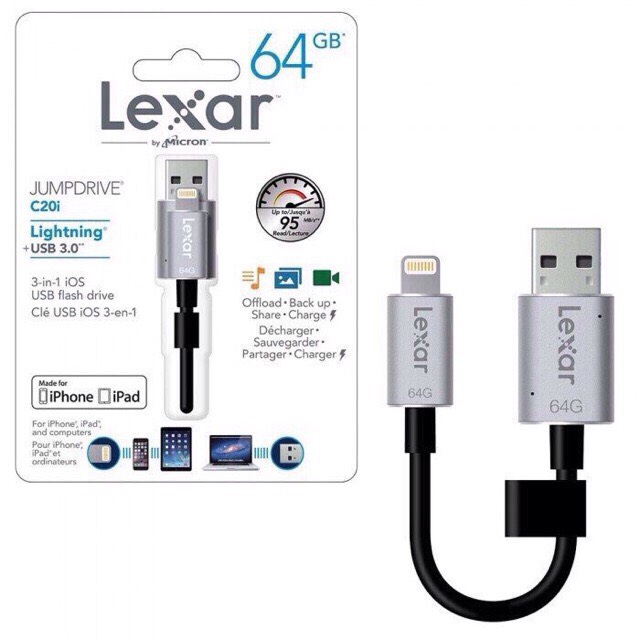 USB 64GB Lexar JumpDrive C20i cho iPhone, iPad kiêm cáp Lightning