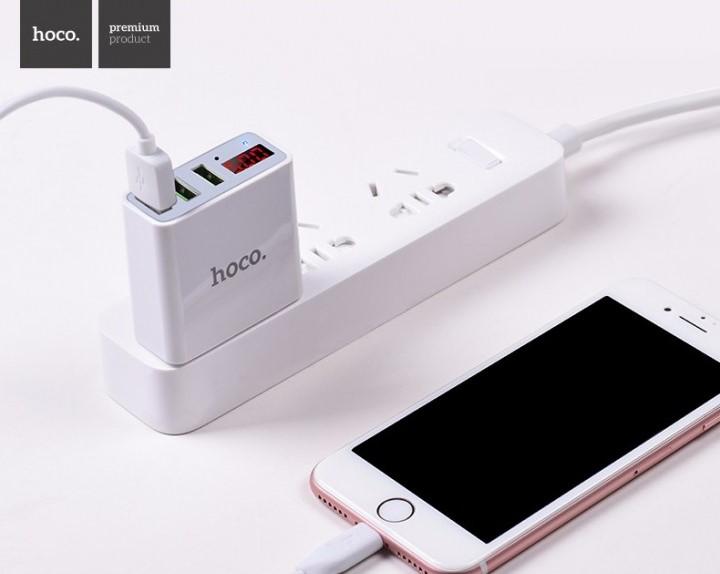 Hoco C15 3.4A Fast Charger with Led Screen, 3 Standard Flat-Pin USB Ports