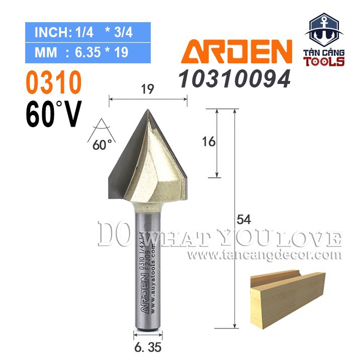 Mũi Router Arden Đánh Rãnh V 45/60 Độ Cốt 6.35 mm
