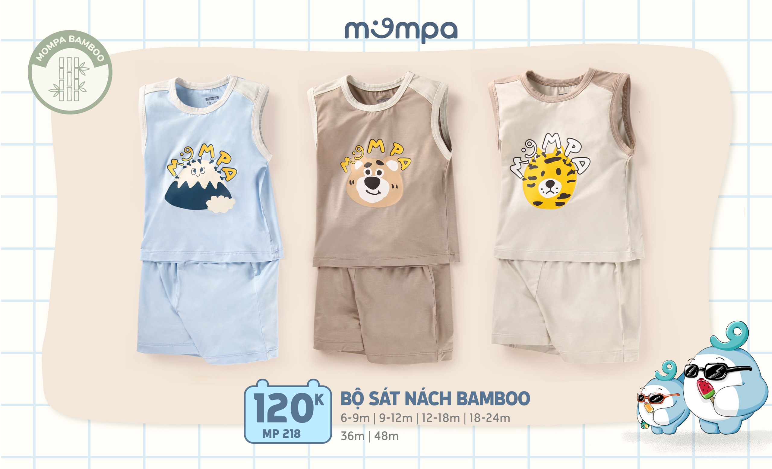 MP218 - Bộ quần áo ba lỗ Mompa vải bamboo mỏng mịn, thoáng mát