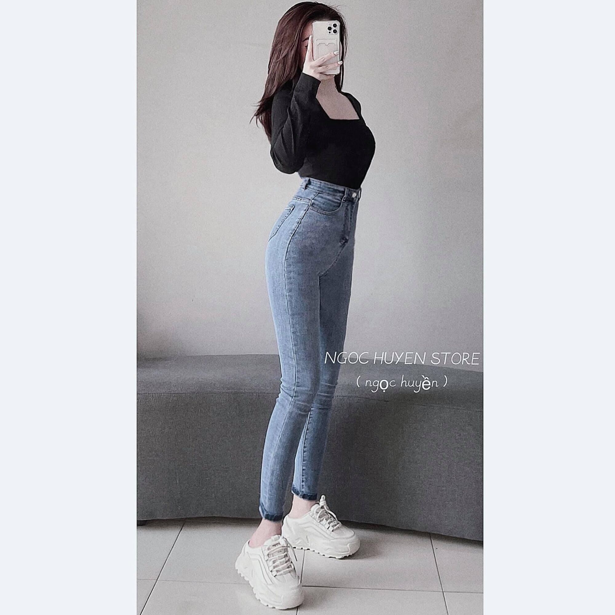 Set jeans dài lưng cao trơn + áo gân cổ vuông