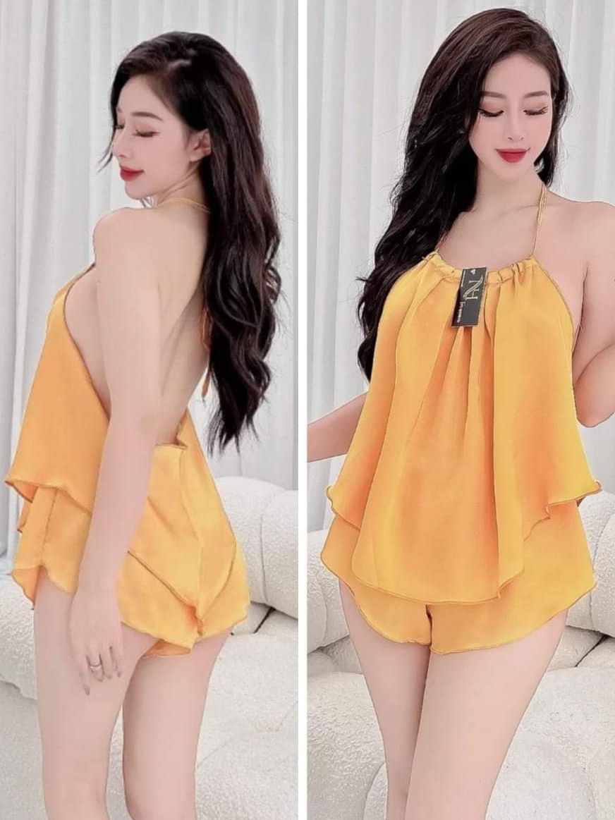 Set bộ lụa yếm dập ly bộ ngủ mặc nhà sexy gợi cảm