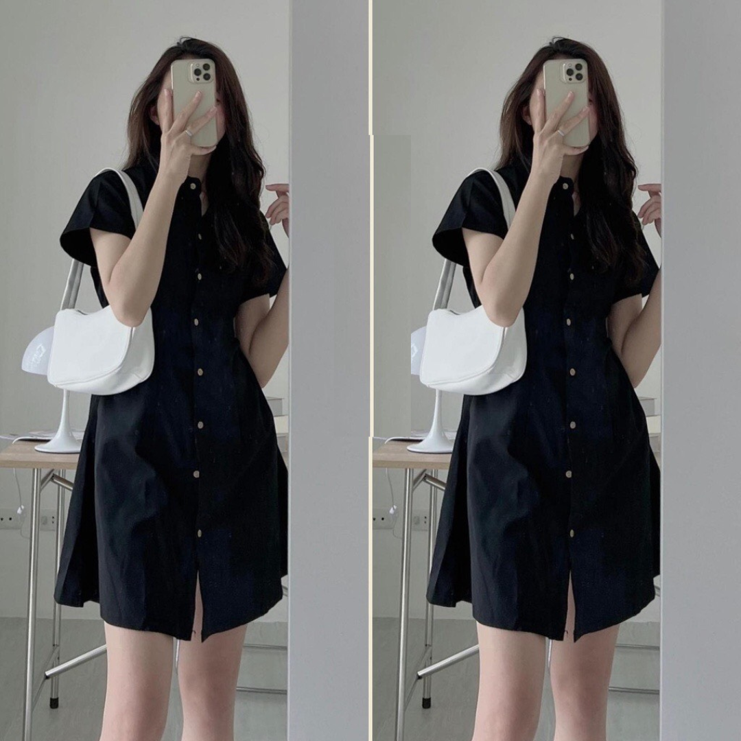 Đầm sơ mi nữ xinh , Váy sơ mi trơn ngắn tay dáng suông có chiết eo cách điệu 4 màu - G9_SHOP