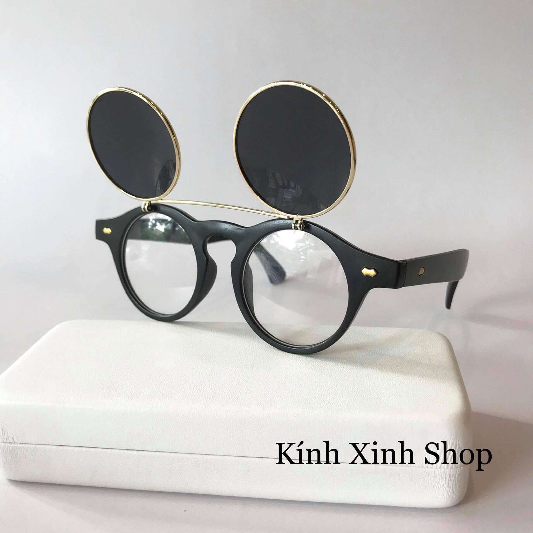 Kính râm, Kính mát Trẻ em Mắt tròn thầy bói 2 tròng bật nắp chống nắng, chống lóa Uv cao cấp cho bé (Đen)