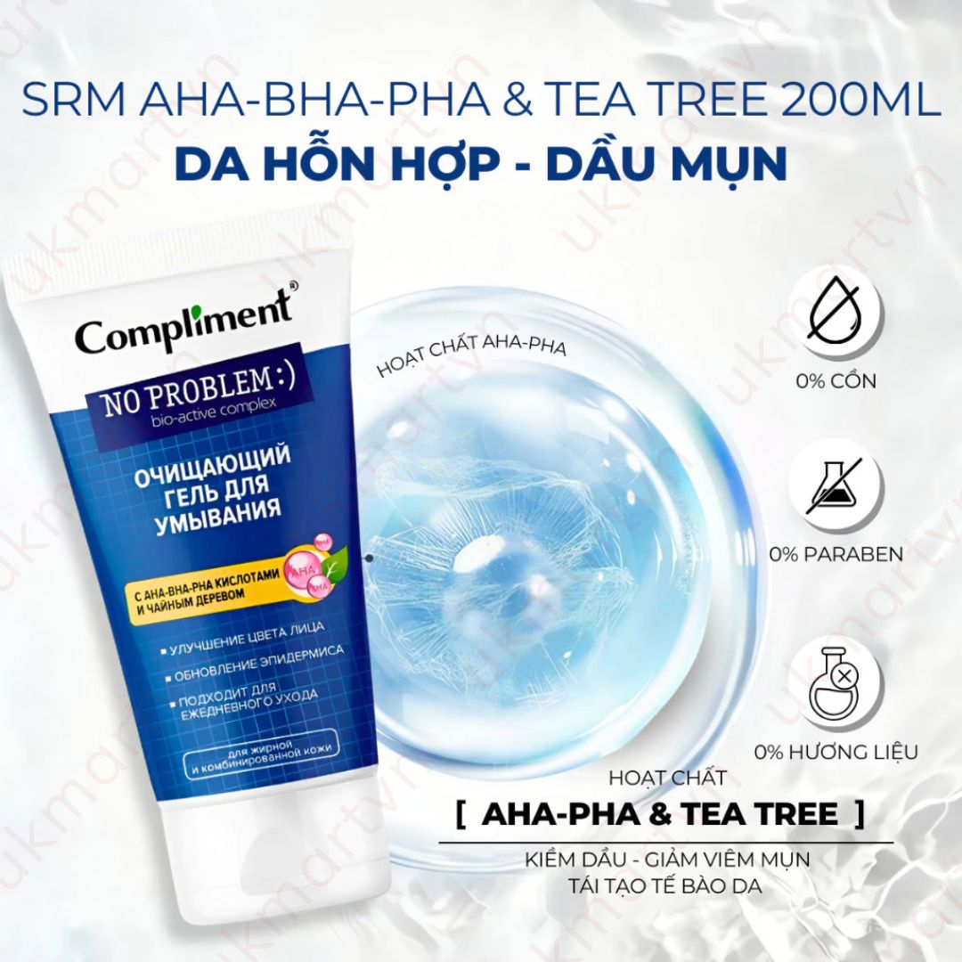 Gel rửa mặt BHA Compliment No Problem làm sạch sâu, giảm viêm & mụn 200ml