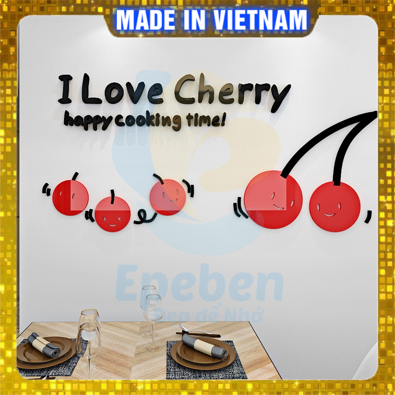 Tranh mica EPeBen dán tường nổi 3d hình những trái cherry vui vẻ decor trang trí phòng bếp, phòng khách, nhà cửa