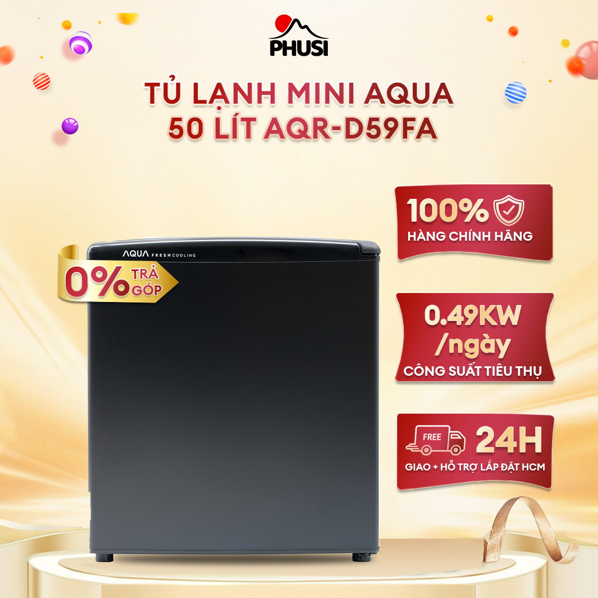 [Giao nhanh HCM] Tủ lạnh Aqua 50 lít AQR-D59FA (BS) -  làm lạnh nhanh, tiết kiệm điện phù hợp cho 1 - 2 người
