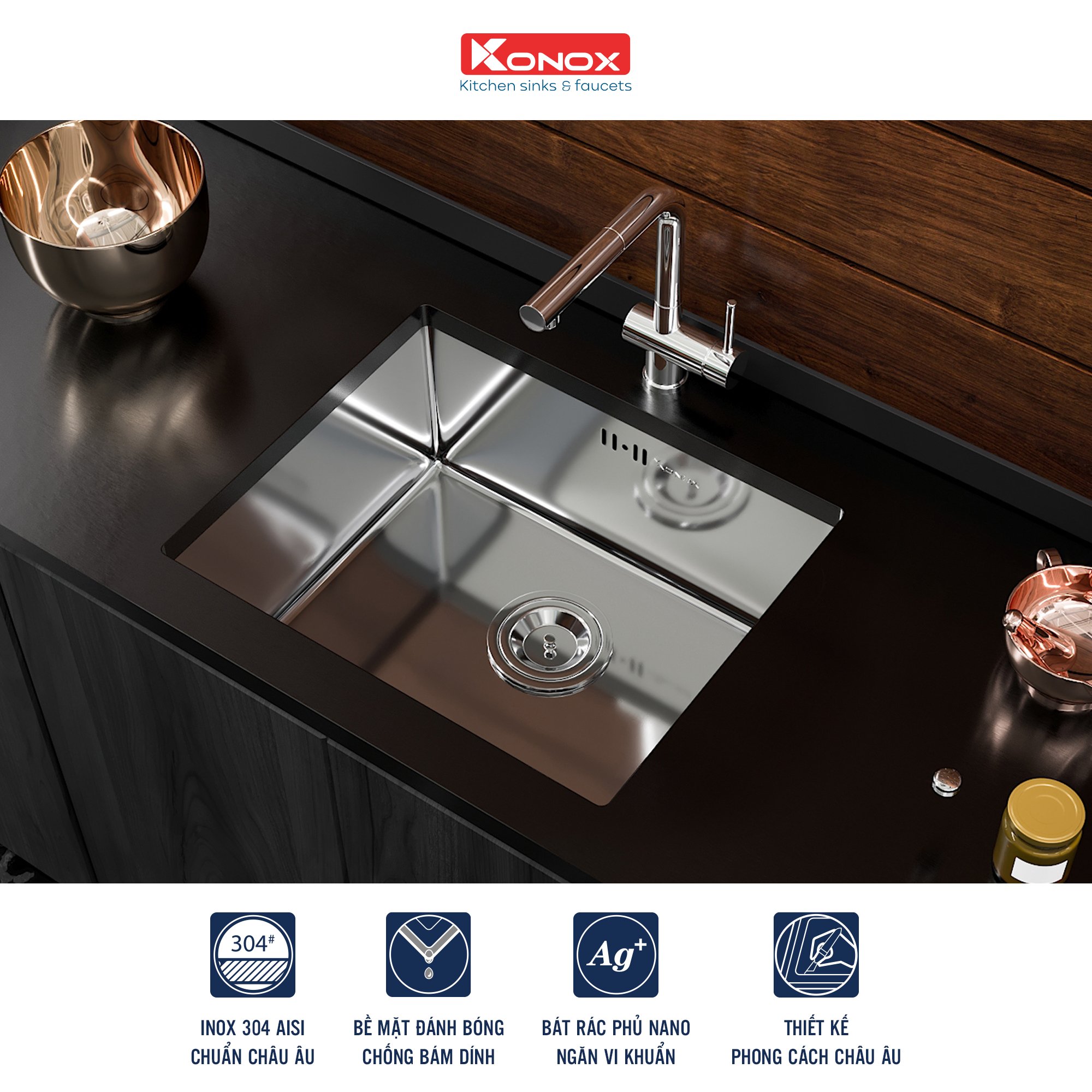 Chậu rửa bát inox 1 hố lắp âm Konox Cube 5444SU
