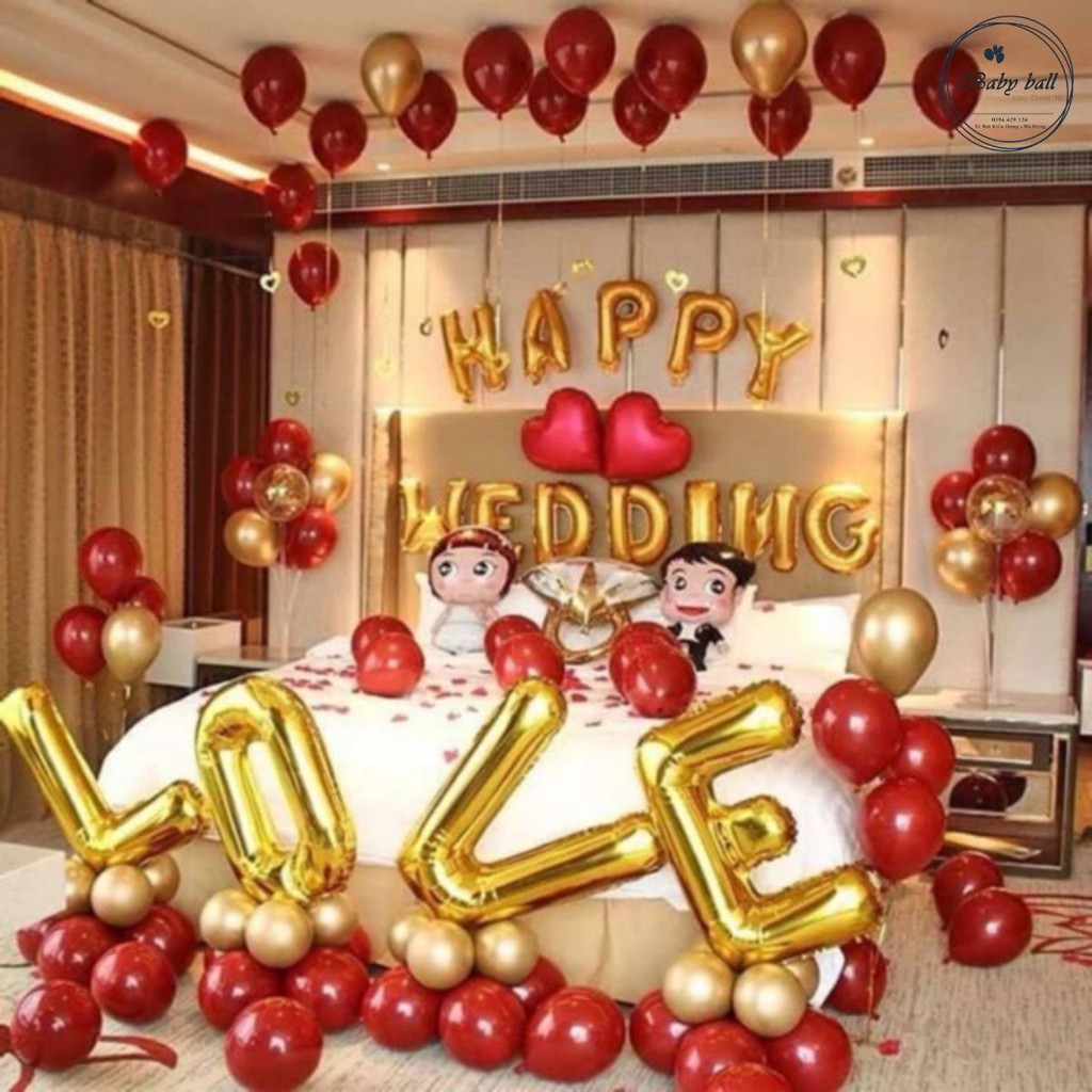 (TẶNG QUÀ ) Sét Bóng Happy Wedding Trang Trí Phòng Cưới tông đỏ - vàng đồng SANG TRỌNG