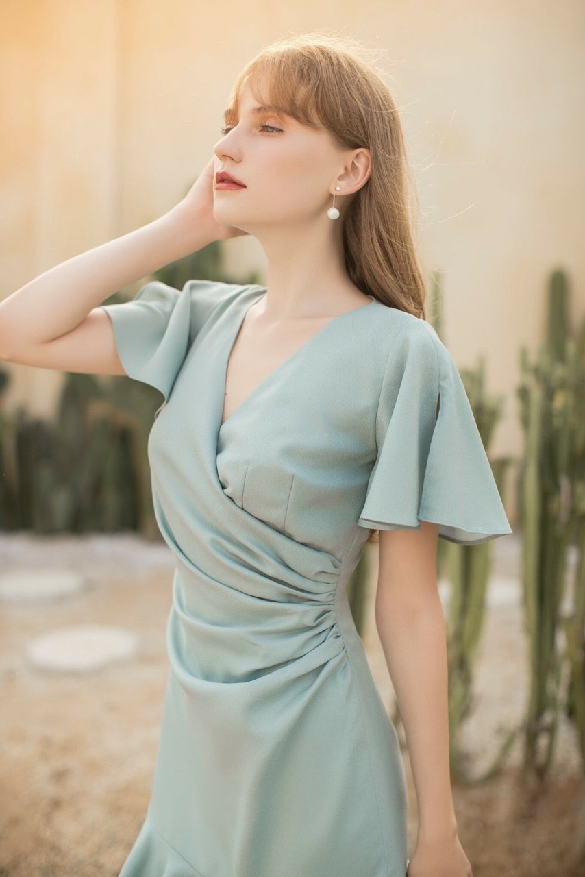 Váy xanh mint tay phồng cổ vuông thời trang Hàn Quốc  MixASale