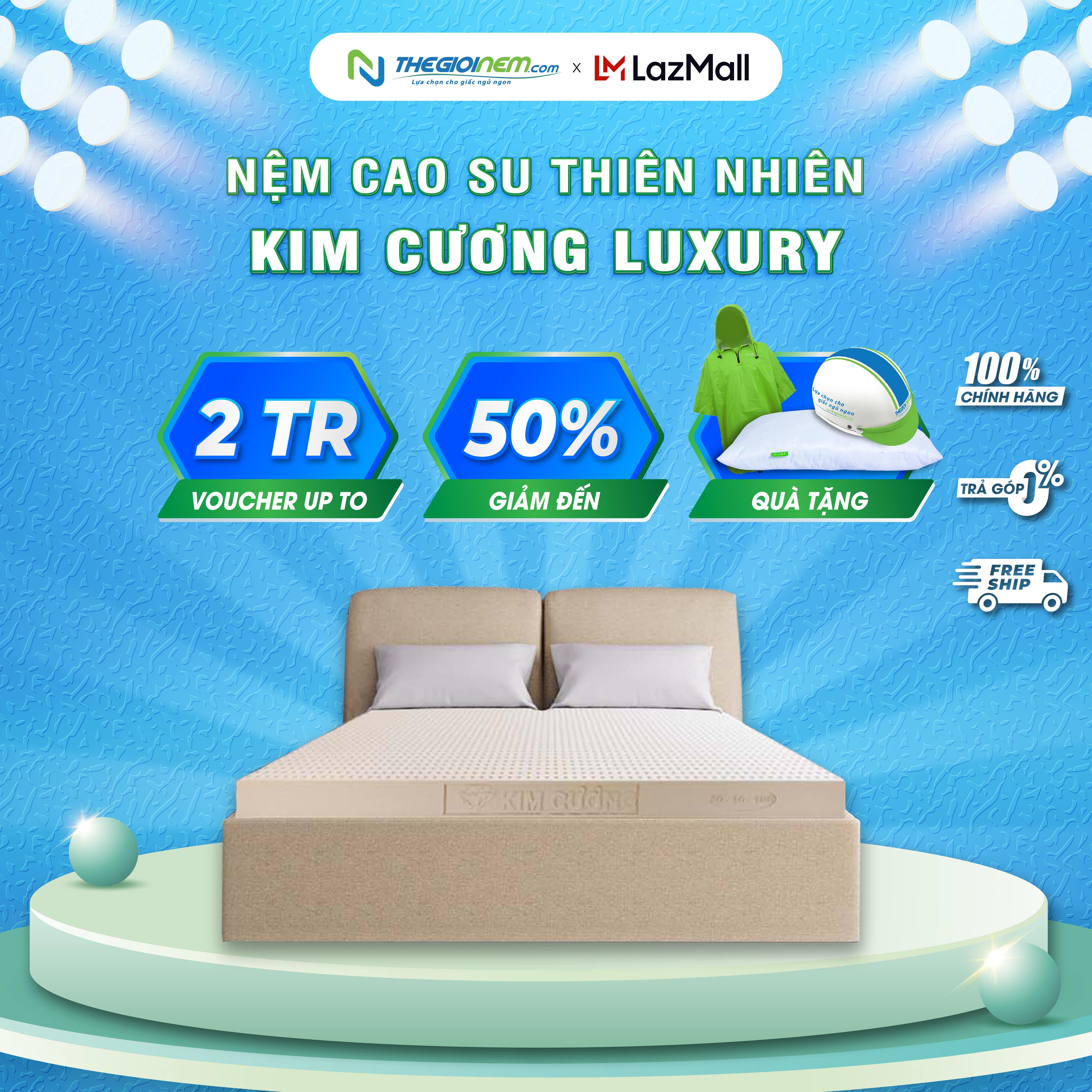 [Trả góp 0%] Nệm nằm ngủ  Cao Su Thiên Nhiên Kim Cương Luxury -Bảo hành 12 năm.