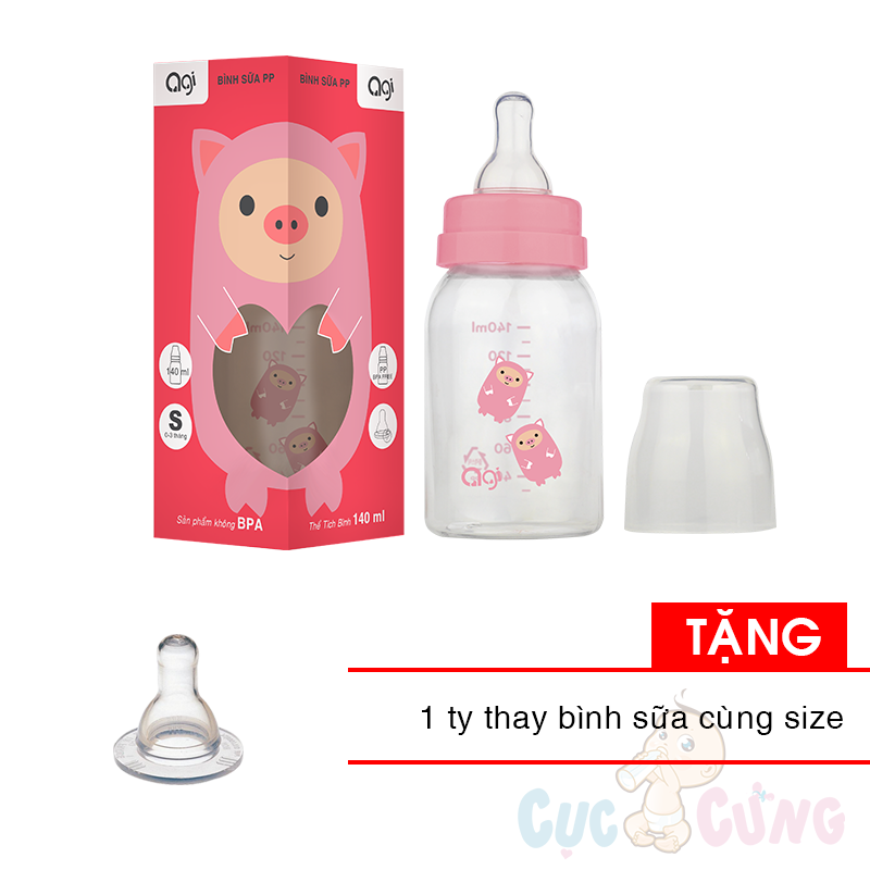 Combo 2 Bình sữa AGI Premium cổ thường 120ml họa tiết ngẫu nhiên Tặng 1 ty binh sua cùng size