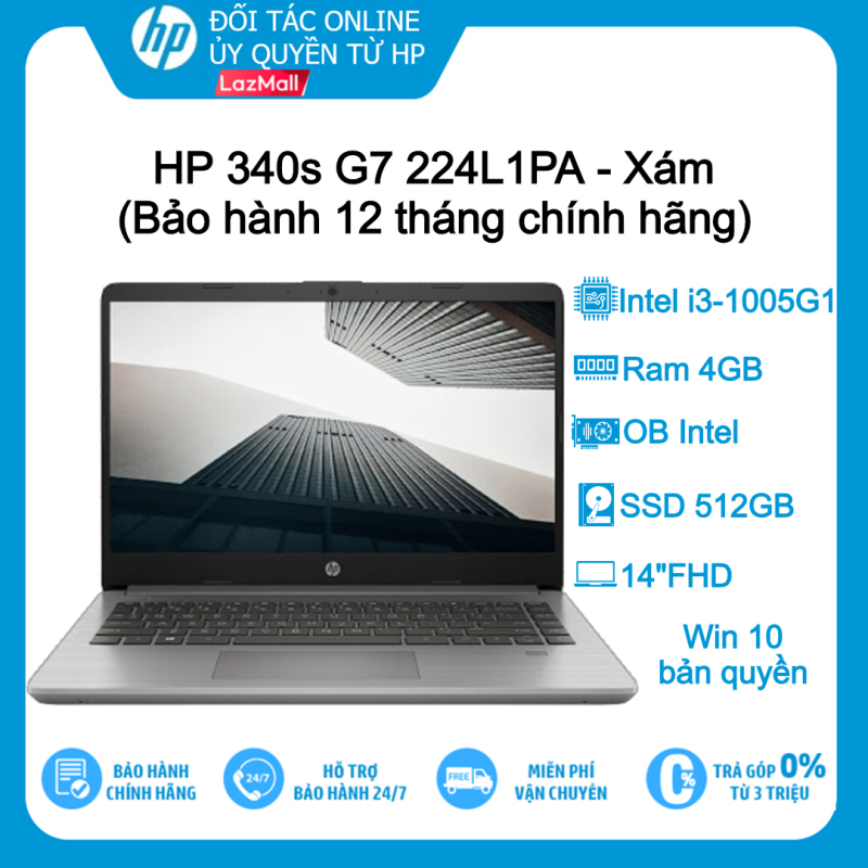 TRẢ GÓP 0% - Laptop HP 340s G7 224L1PA (Xám) i3-1005G1| 4G| 512GB| 14FHD|	WIN 10 - Hàng chính hãng new 100%