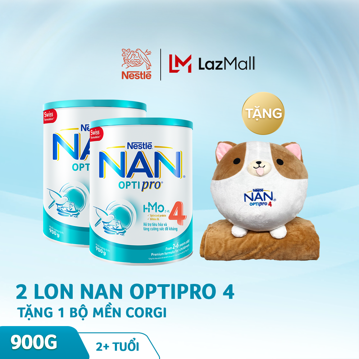 [GIẢM THÊM 40K ĐƠN 599K] Bộ 2 lon sữa bột Nestle NAN Optipro 4 cho trẻ trên 2 tuổi 900g + Tặng 1 bộ mền Corgi