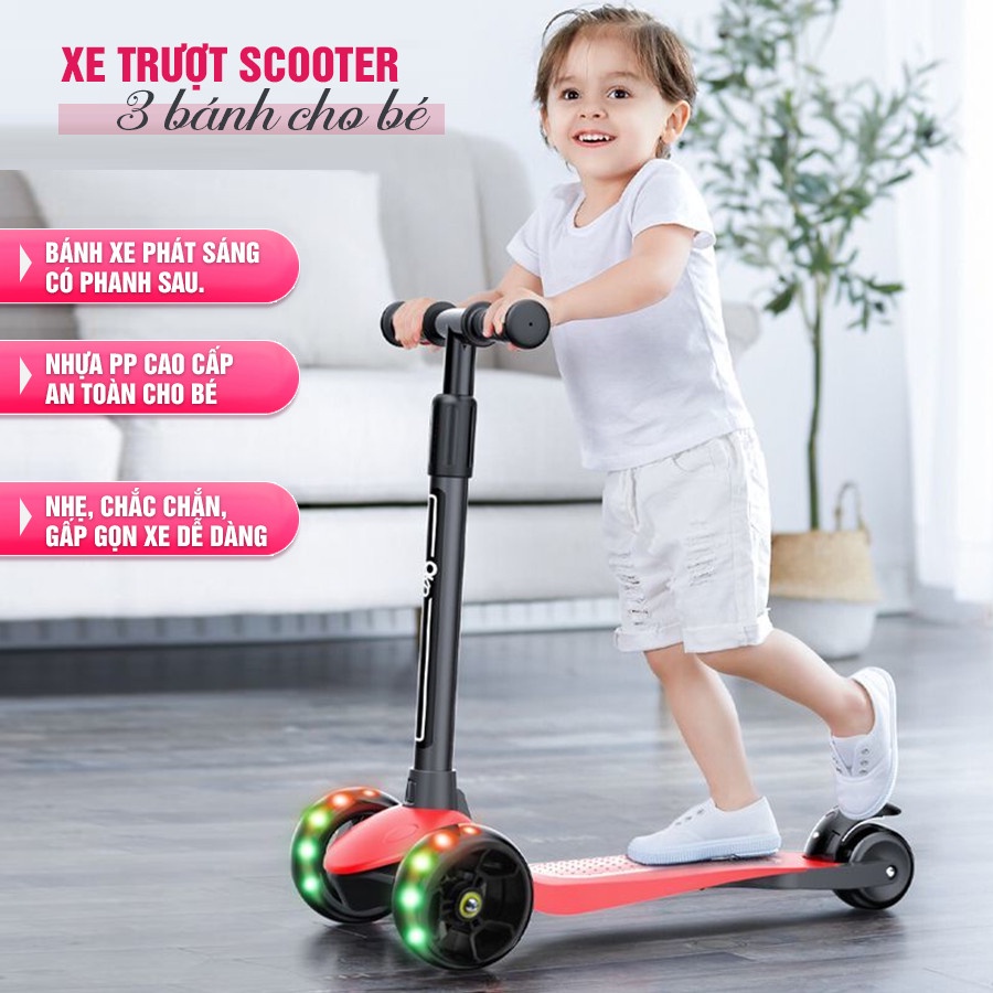 Xe Trượt Scooter đa năng cho bé, 3 bánh gấp gọn có đèn phát sáng bền chắc
