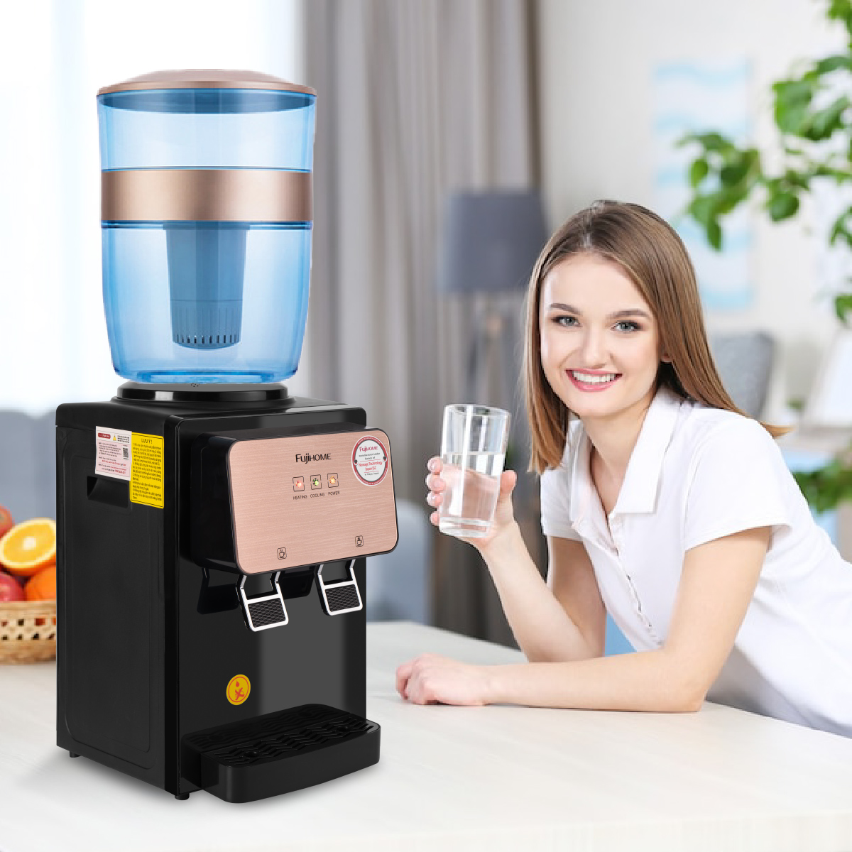 Cây nước nóng lạnh để bàn mini nhập khẩu FUJIHOME WD03E làm lạnh điện tử, làm nóng nhanh, tiết kiệm điện, bảo hành điện tử toàn quốc 12 tháng