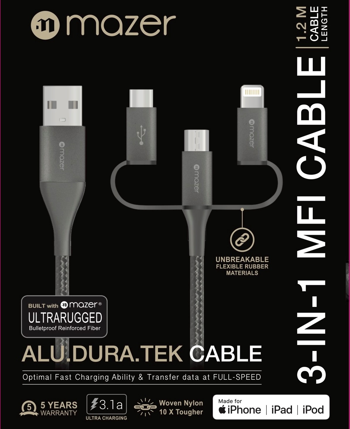 Dây Cáp MAZER MULTI4.DURA.TEK 3-in-1 USB-A to Lightning+Micro+USB-C / 3.1A (1.2m)