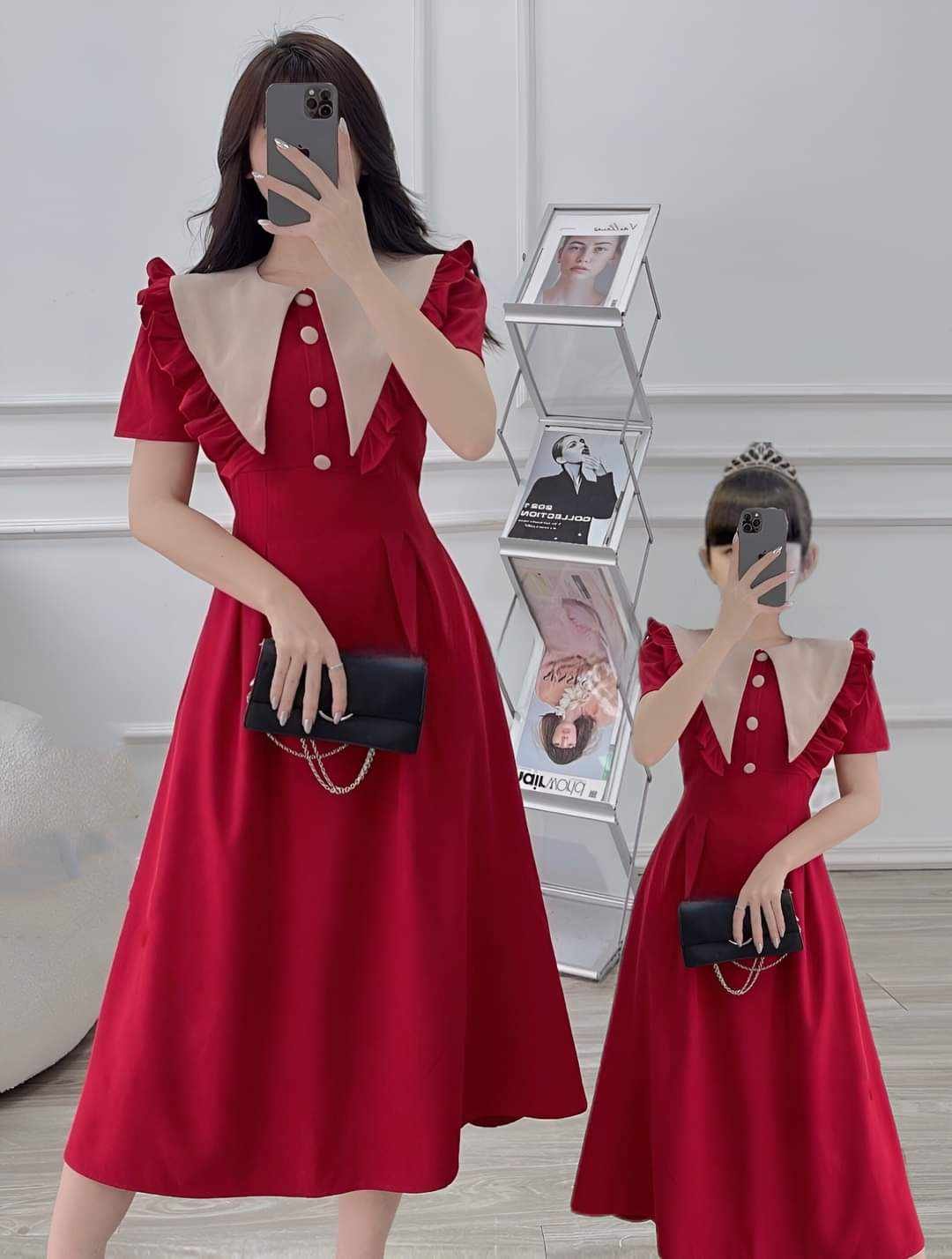 set đầm mẹ bé fullsize màu nâu hồng