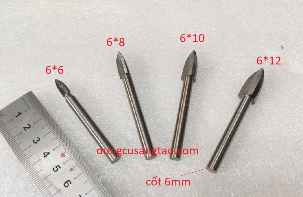 Mũi 3 khía cán 6mm (Điêu khắc gỗ, mũi phá thô cán 6mm). bộ 4 mũi
