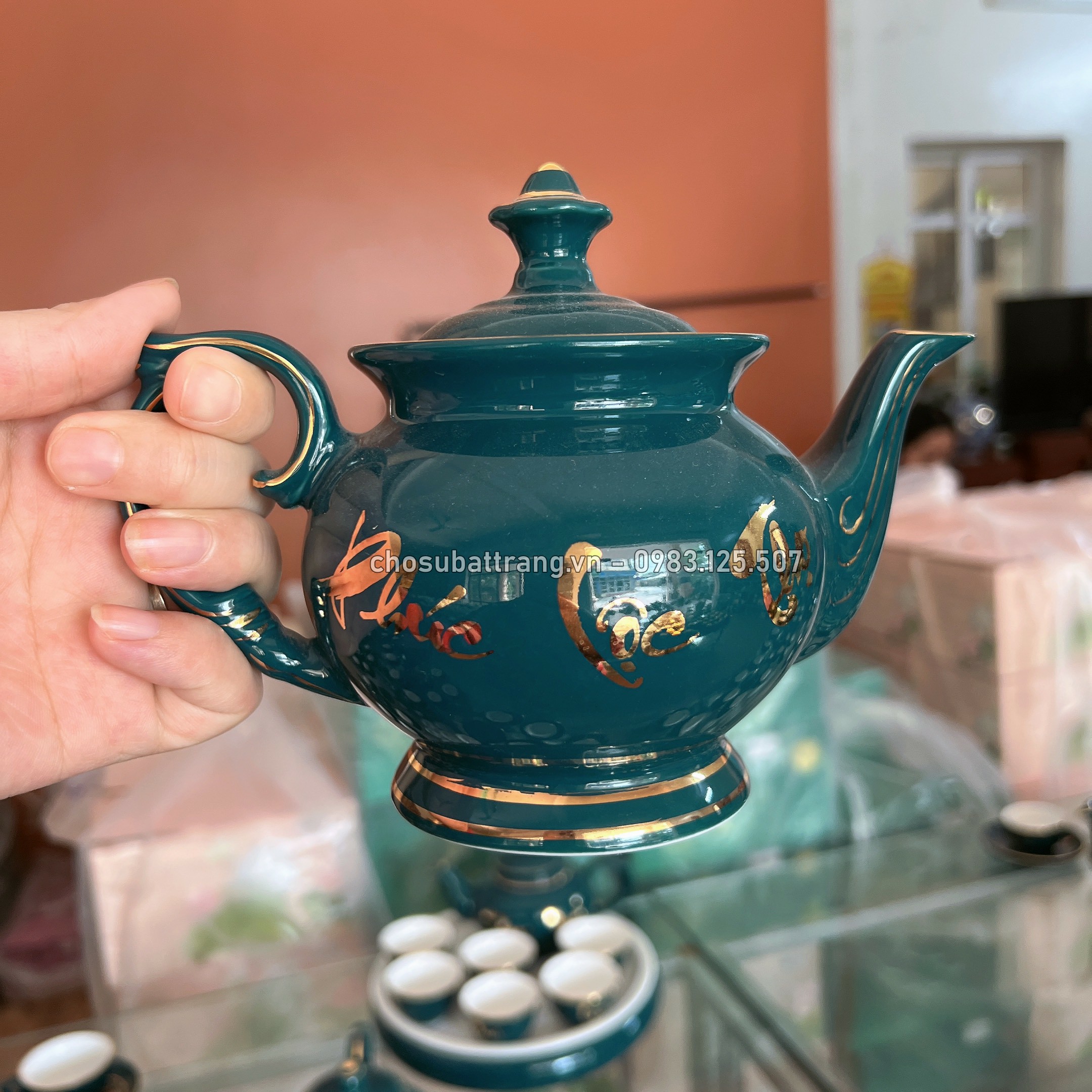 Bộ ấm chén men xanh dương Phúc Lộc Thọ