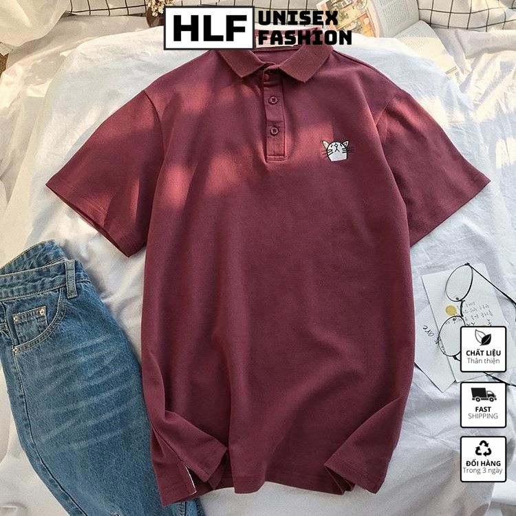 Áo polo tay lỡ thêu mèo đáng yêu áo thun có cổ HLFashion