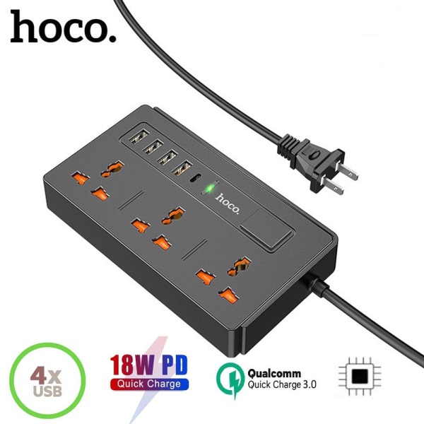 <New 2021> Ổ Cắm Điện Đa Năng Thông Minh Hoco DC15 tích hợp 5 cổng USB (4U+1C) Hỗ trợ sạc nhanh PD18W QC3.0 tiện dụng nhỏ gọn