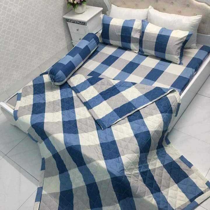 [HCM]Bộ Chăn Ga Cotton Poly 5 Món - 4 Món Caro (1m6 x 2m) - ( 1 Drap + 2 Vỏ Gối Nằm + 1 Chăn Hè + 1 Vỏ Gối Ôm )