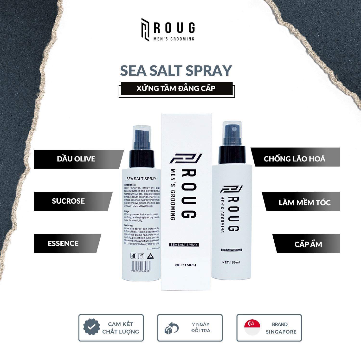 Sáp vuốt tóc Roug Matt Matte Clay 90g Gôm Hair Spray 250ml Xịt tạo phồng Roug Sea Salt Spray Mousse 150ml