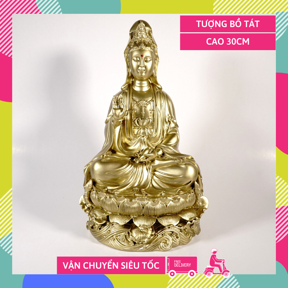 Tượng phật bà quan thế âm bồ tát ngồi đài sen mạ đồng - cao 30cm
