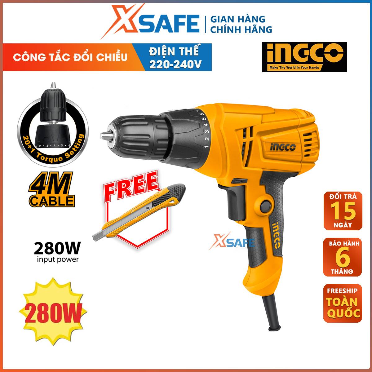 Electric drill ingco ED2808 10mm 280W, strong texture, with anti-vibration system. Drilling machine no-load speed 0-750rpm, drill maximum 10mm, top automatic drill 10mm set torque size 20 + 1-distribution genuine xsafe