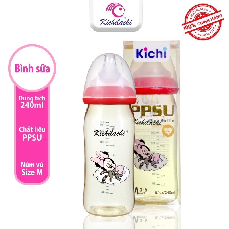 Bình sữa cổ rộng Kichilachi PPSU Plus hình Mickey 160ml/240ml núm ty siêu mềm