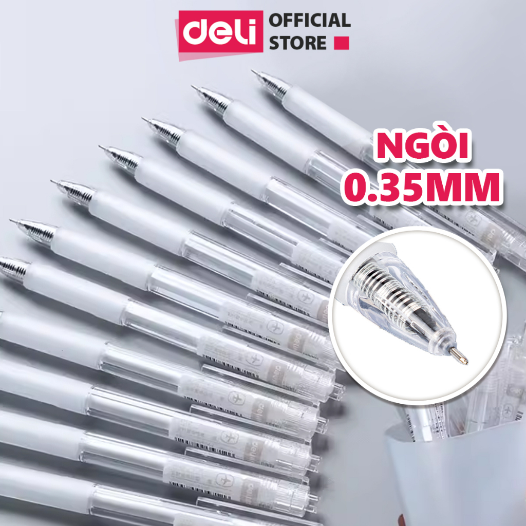 Combo 10 Bút Bi Bấm Mực Gel đen DELI ngòi 0.35mm, Kèm ngòi thay thế, Bút viết mực đen trơn tru, không tắc mực cho học sinh, văn phòng - SA130/A122