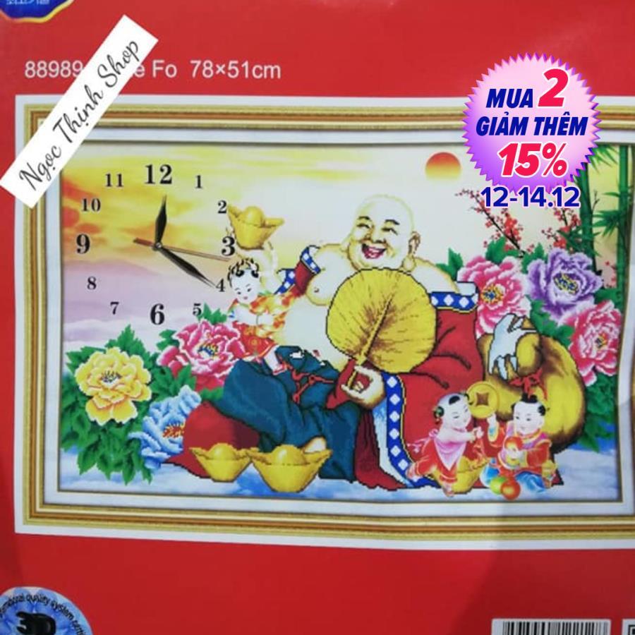Tranh thêu chữ thập phật di lạc có dồng hồ 5d DLH-88989 KT:78x51cm