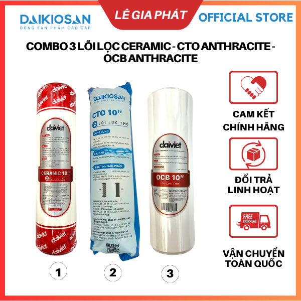 [Chính Hãng] Combo 3 Lõi Lọc Nước RO 1-2-3 (Ceramic - OCB Than Anthracite- CTO Than Anthracite) - Đại Việt