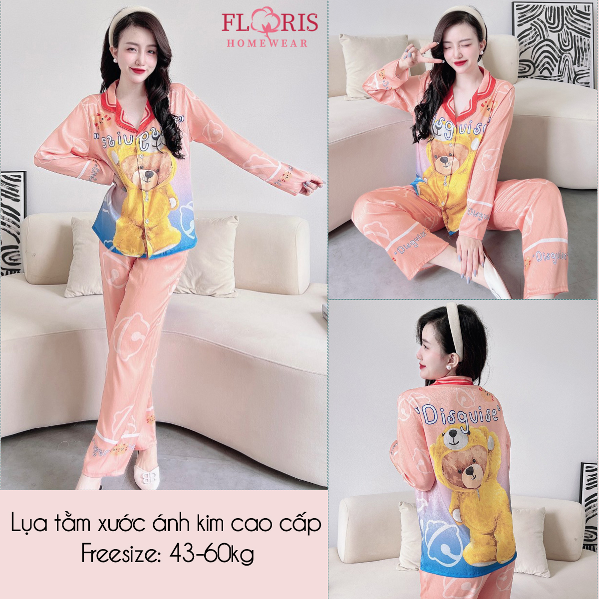 Đồ ngủ pijama mặc nhà lụa xước in hình 5D dễ thương