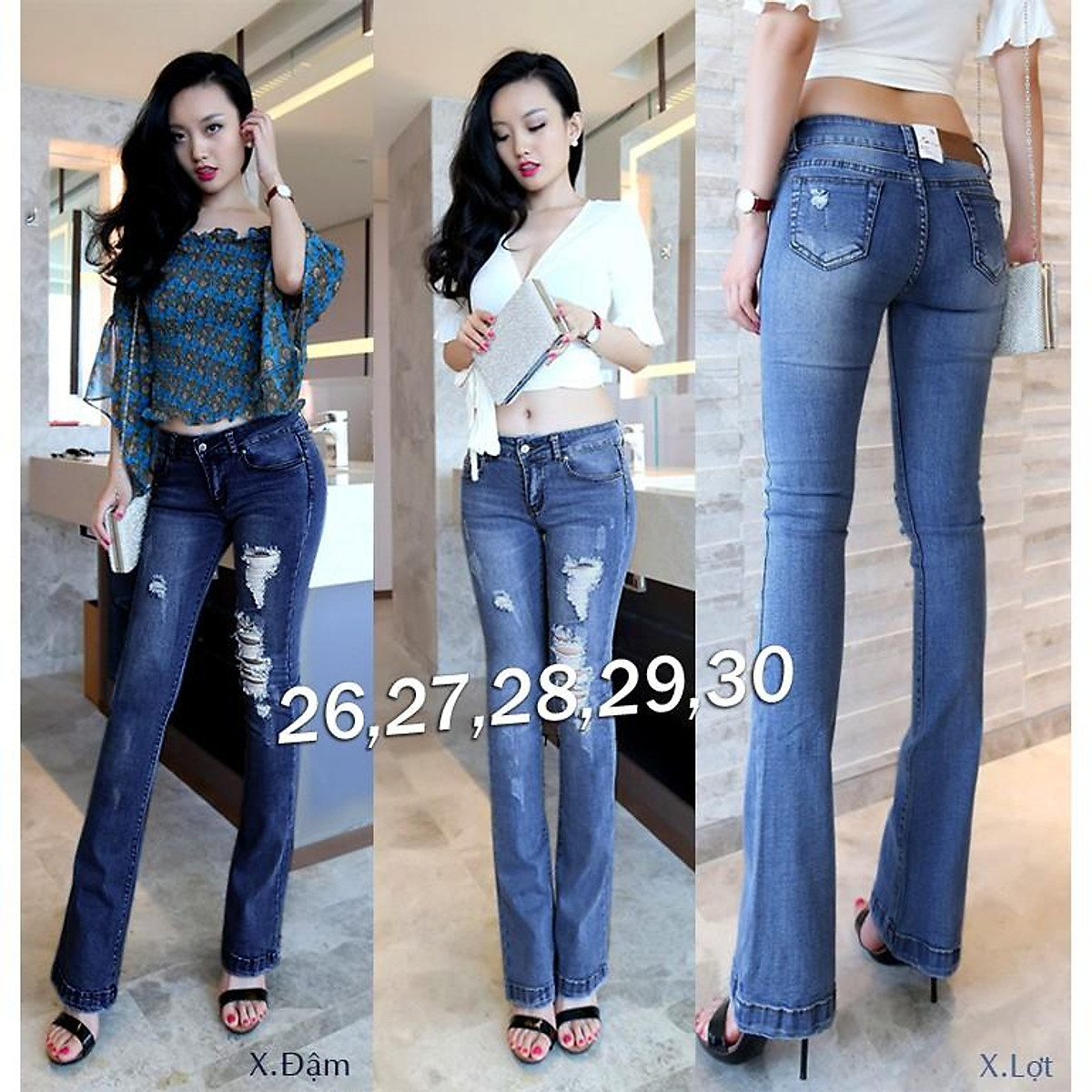Quần jean lưng cao 1 nút cào rách ống loe hàng QC cao cấp