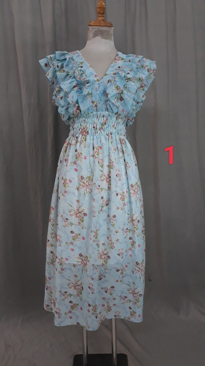 Đầm maxi voan cổ tim, nhún bèo xinh xắn