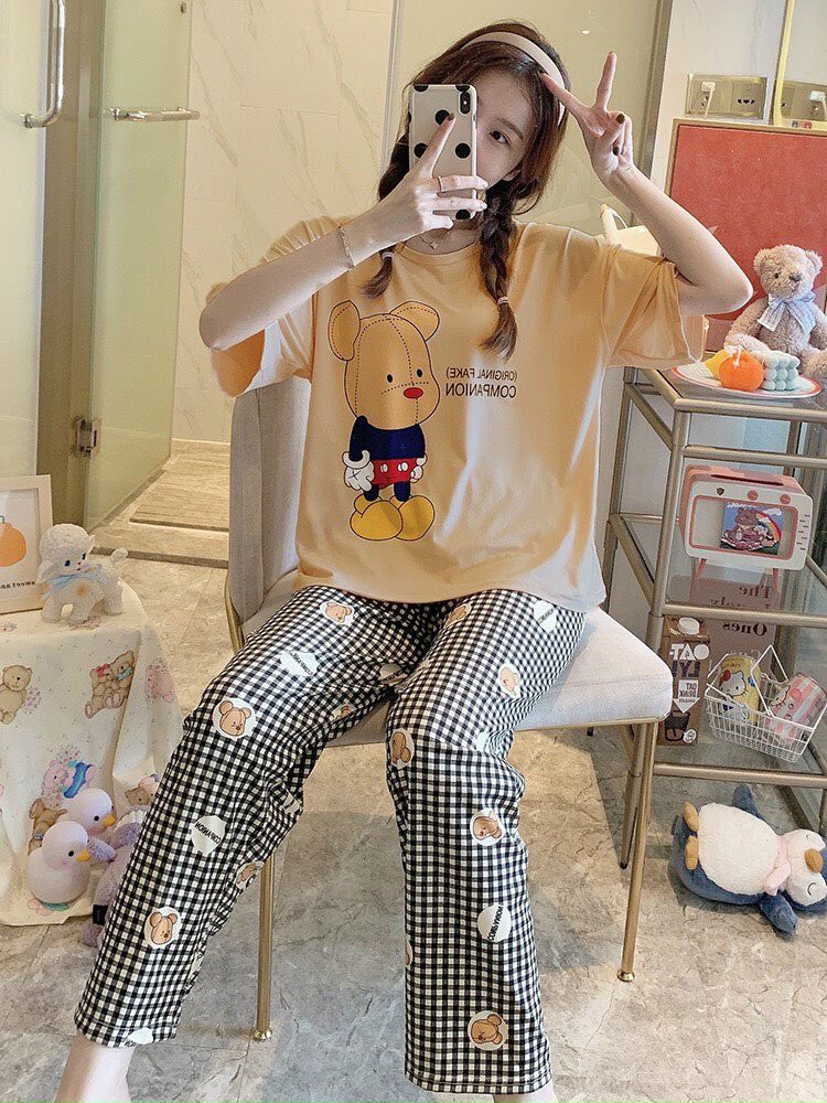 Bộ đồ ngủ mặc nhà siêu cute - bộ piyama mặc ngủ in hình gấu siêu cute chất thun cotton mềm mịn thoáng mát