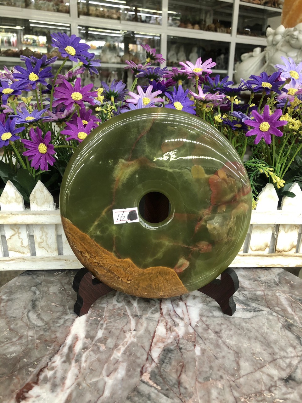 Đồng điếu (đồng tiền ) phong thủy đá ngọc Onyx xanh đậm - Đường kính 36cm