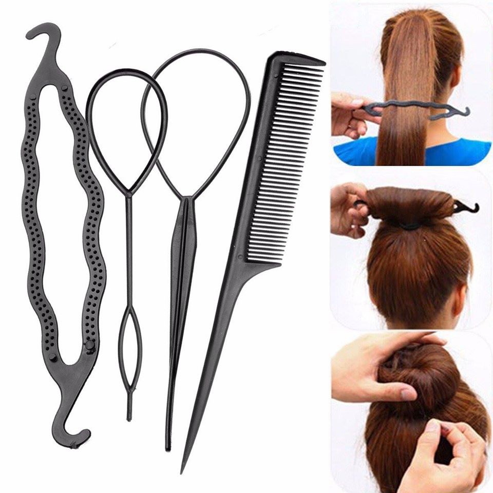 Bộ 4 dụng cụ làm tóc lược chải tóc búi tóc kiểu đẹp đa năng