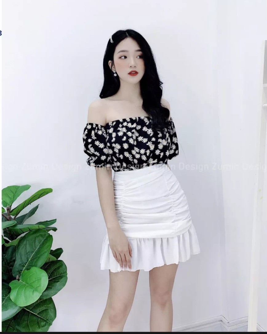 Set áo hoa trễ vai chân váy dúng đuôi cá