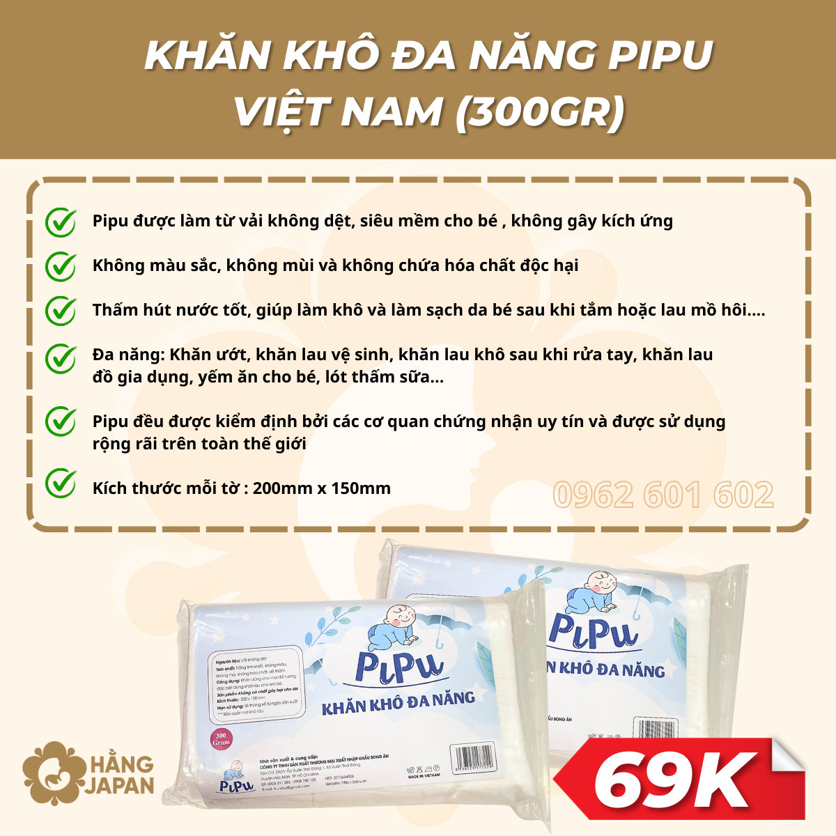 Khăn  khô đa năng cho bé Pipu 300g cho bé