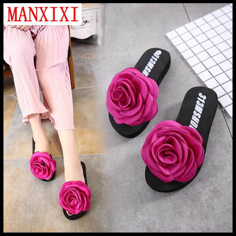 MANXIXI Brand Beautiful Flat Slippers 1.18 Inches Wedge Sandals Big Flowers Inlay Rubber Sole Sturdy Shoes For Women (34-39 size)