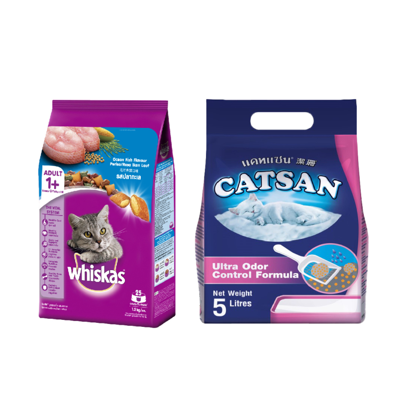 Combo Thức Ăn Mèo Whiskas Vị Cá Biển 1.2 kg & Cát Vệ Sinh Catsan 5L