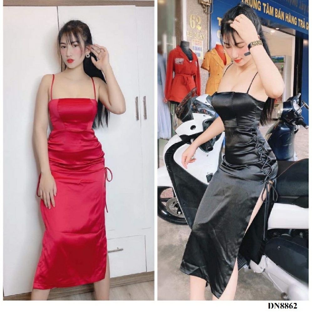 Đầm lựa xẻ tà đan dây sexy