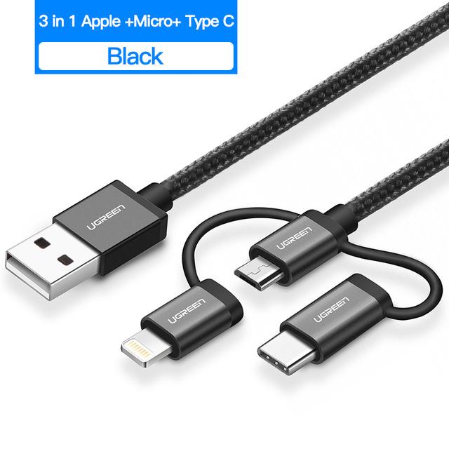 Cáp sạc 3 trong 1 Micro USB, Type C, Lightning MFi dây bọc Nylon Ugreen