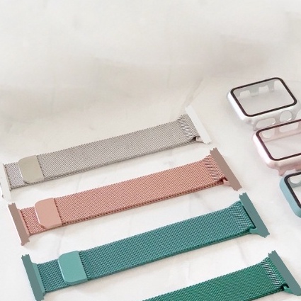 Combo dây thép và Ốp liền kính cường lực cho Apple Watch Series1/2/3/4/5/6/7/8/SE size 38/40/41/42/44/45 mm AW219