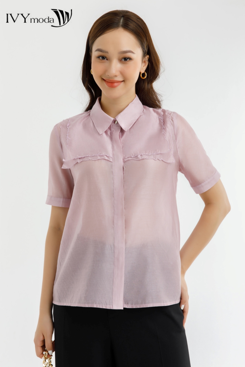 Áo sơ mi lụa thêu viền IVY moda MS 16M7643