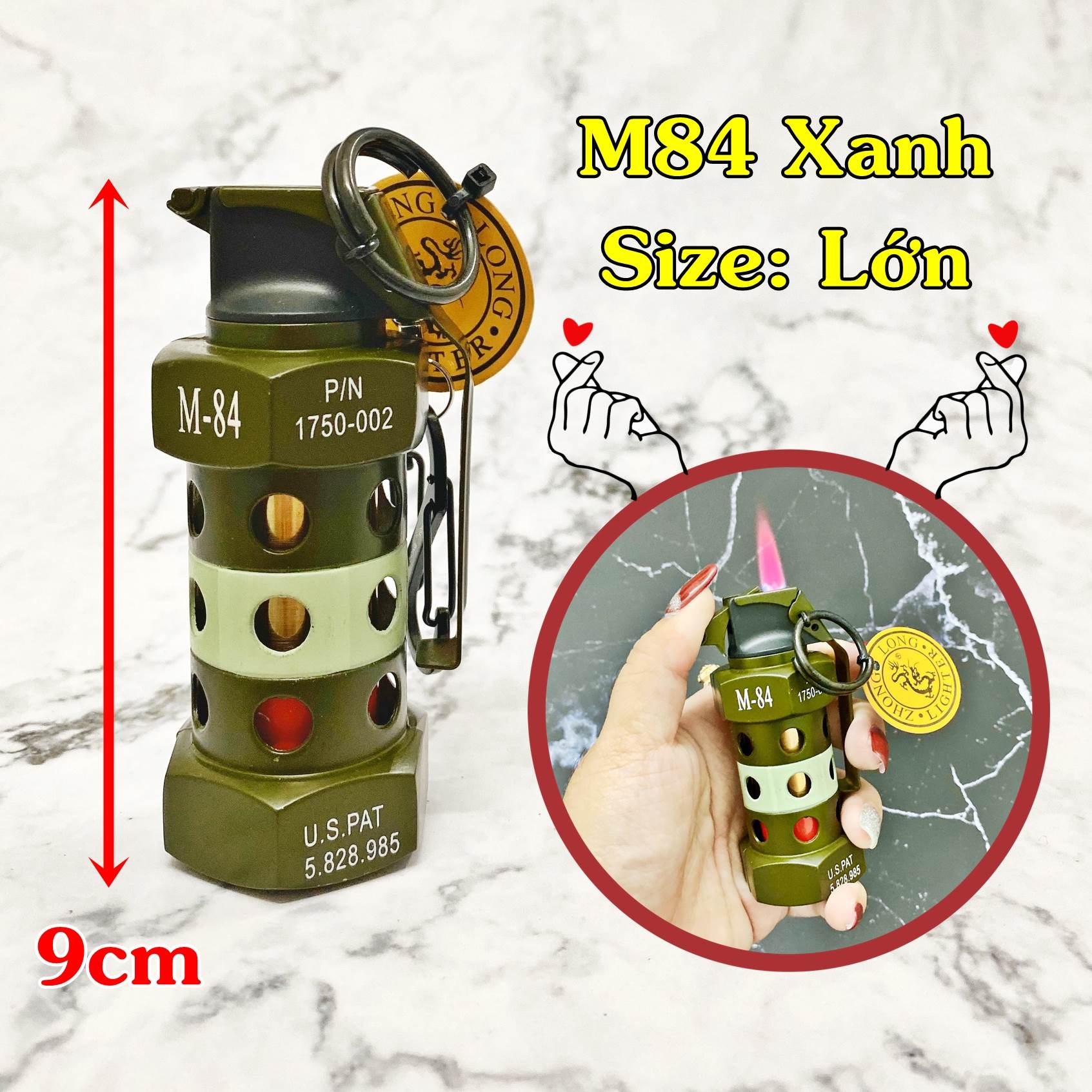BẬT LỬA KHÈ - MÓC KHÓA HÌNH TRÁI LỰU M84 XANH (SIZE LỚN) - (XÀI GAS)