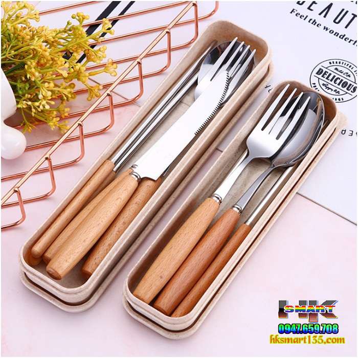 [Sale hủy diệt] BỘ THÌA ĐŨA DĨA INOX CÁN GỖ LÚA MẠCH.VM
